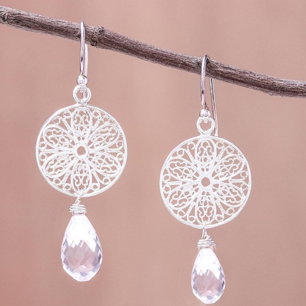 Web Motif Rose Quartz Dangle Earrings from Thailand 'Glittering Web'