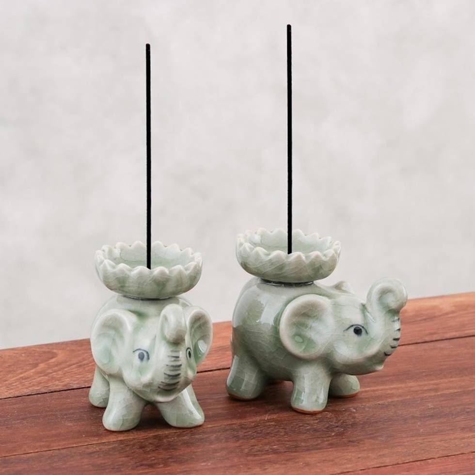 Celadon Ceramic Elephant Incense Holders in Green Pair 'Baby Elephants in Green'