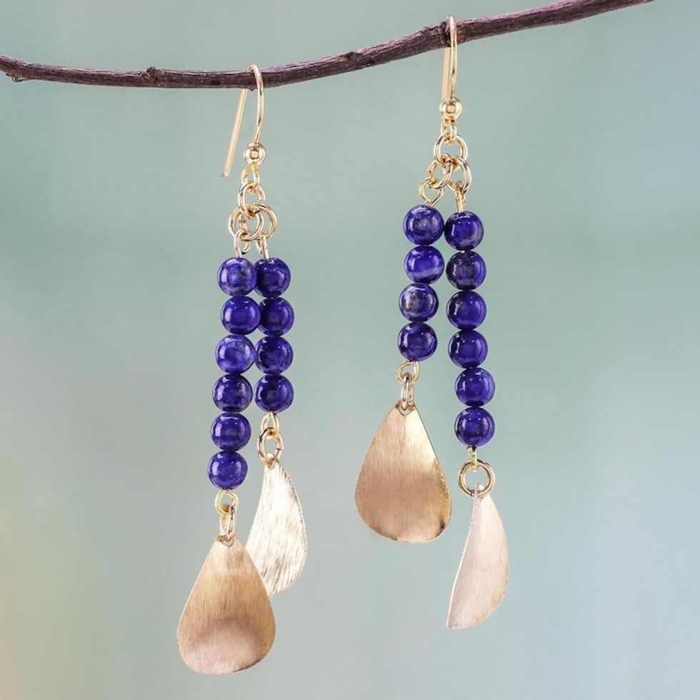 Lapis Lazuli Beaded Dangle Earrings from Thailand 'Brushed Petals'