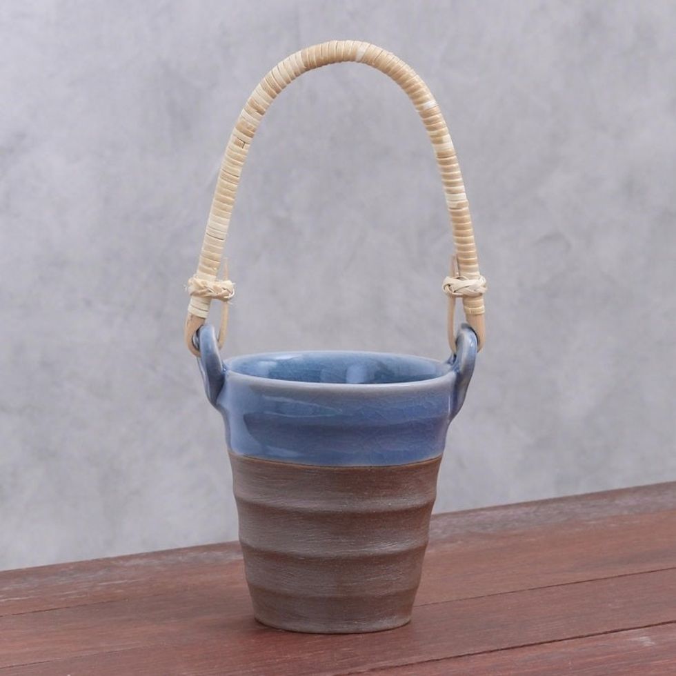 Celadon Ceramic and Natural Fiber Cup in Blue from Thailand 'Picnic Mood in Blue'