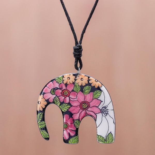 Alternate image for Colorful Floral Elephant Ceramic Pendant Necklace Garden Elephant