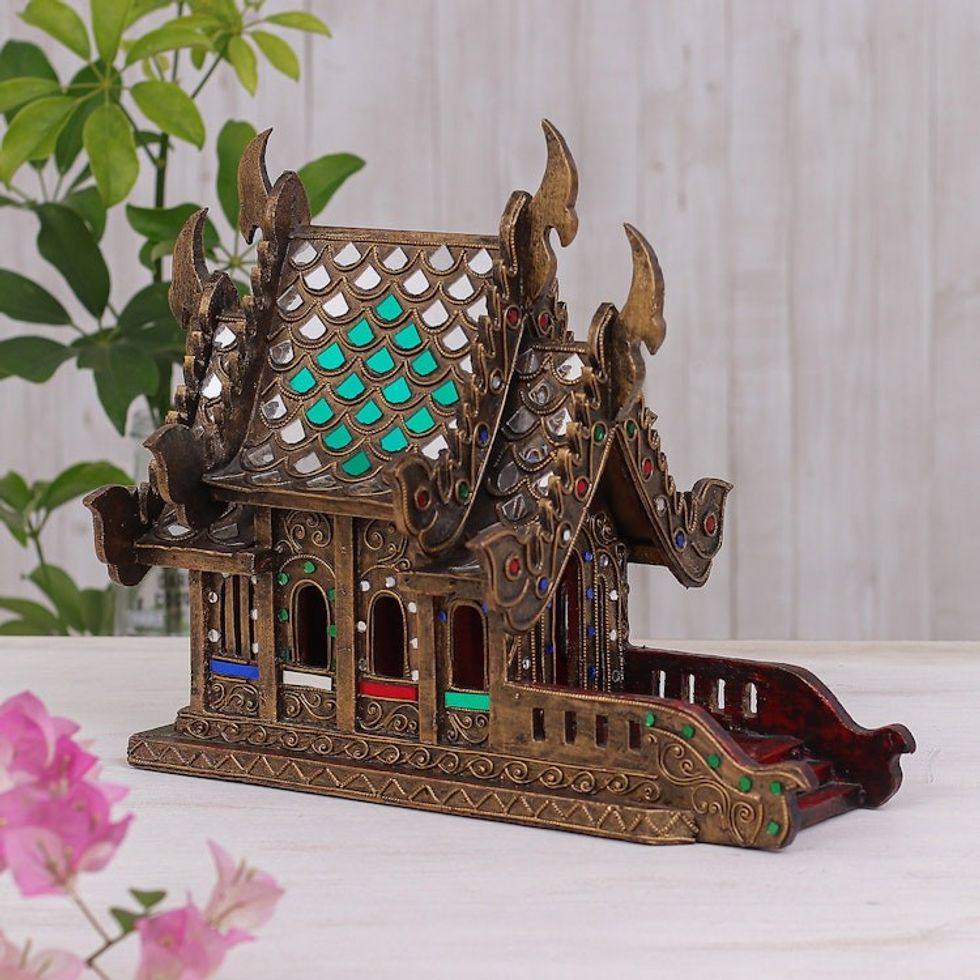 Wood and Glass Spirit House Crafted in Thailand 11.5 in. 'Lanna Temple'
