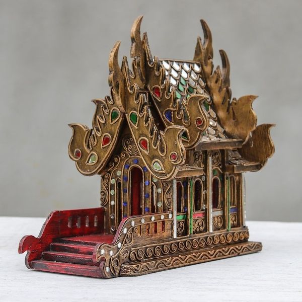 Alternate image for Wood and Glass Spirit House Crafted in Thailand 11.5 in. Lanna Temple