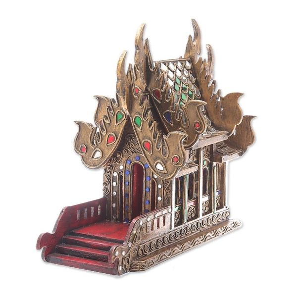 Alternate image for Wood and Glass Spirit House Crafted in Thailand 11.5 in. Lanna Temple
