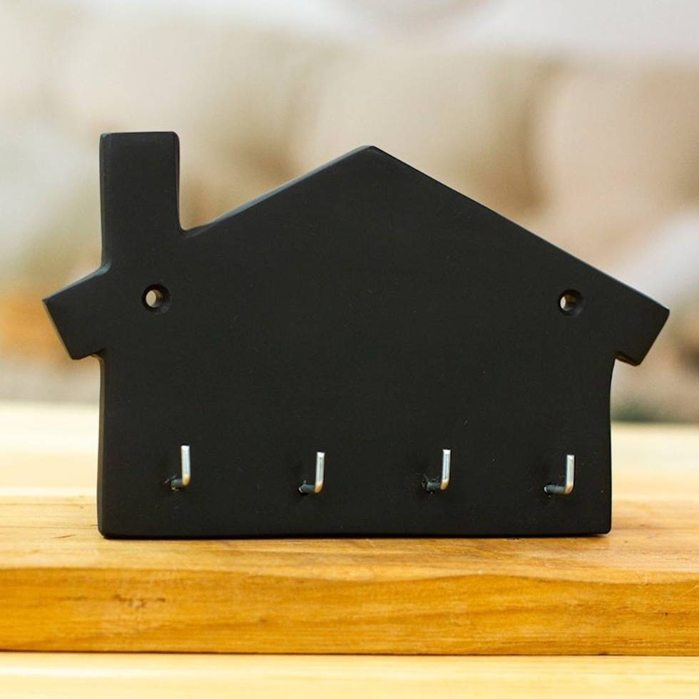 Minimalist House-Shaped Black Marble Key Rack 'Homey Secrets at Night'