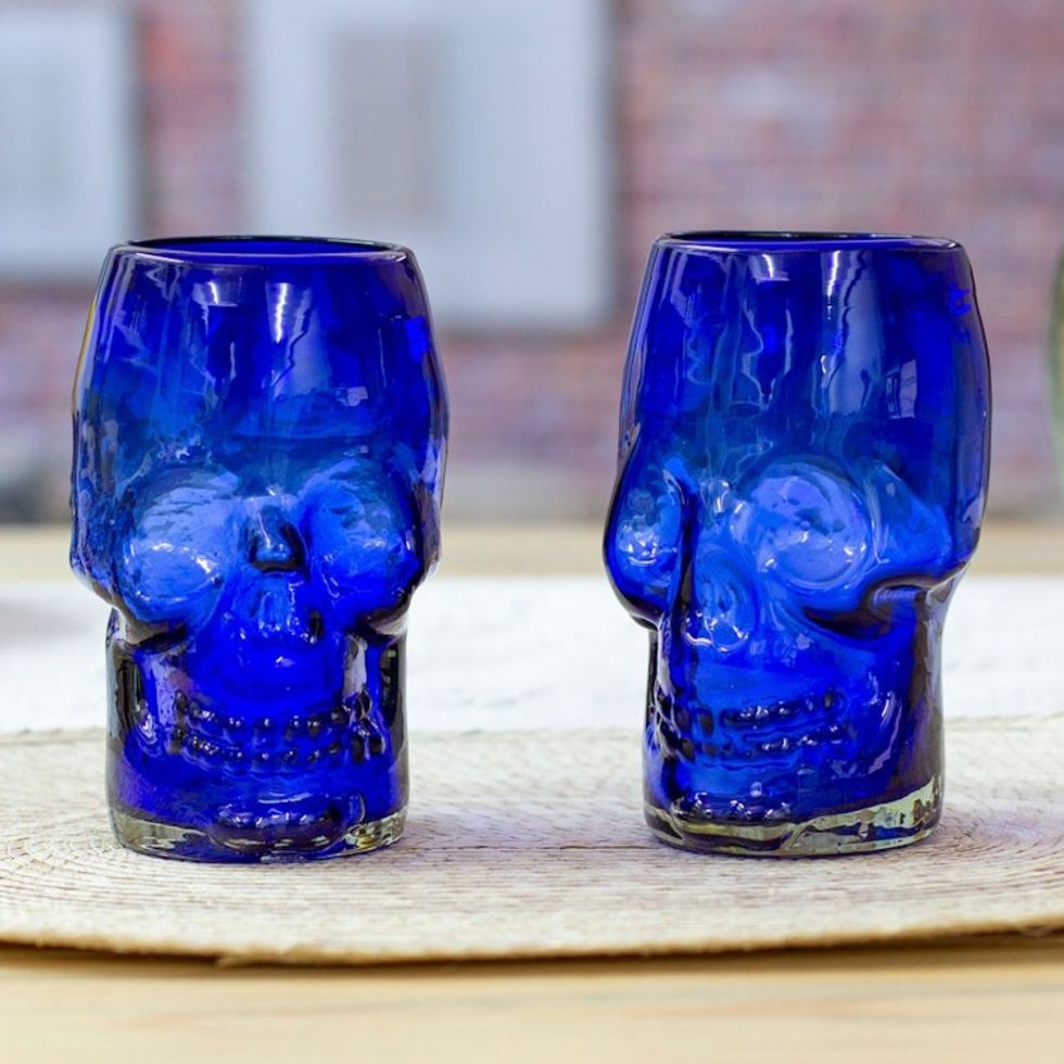 Two Blue Skull-Themed Handblown Recycled Glass Tumblers 'Blue Mexican Skull'