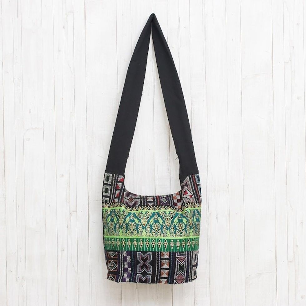 Black and Multi-Color Patterned Cotton Blend Shoulder Bag 'Vibrant Gardens'