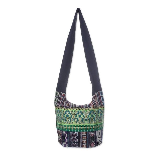 Alternate image for Black and Multi-Color Patterned Cotton Blend Shoulder Bag Vibrant Gardens