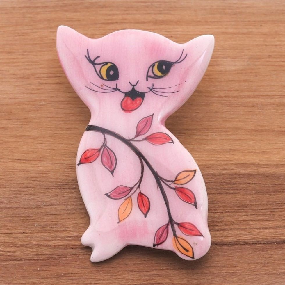 Hand Painted Thai Pink Kitty Cat Brooch Pin 'Cat in a Garden'