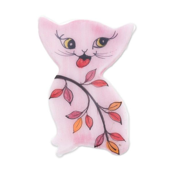 Alternate image for Hand Painted Thai Pink Kitty Cat Brooch Pin Cat in a Garden