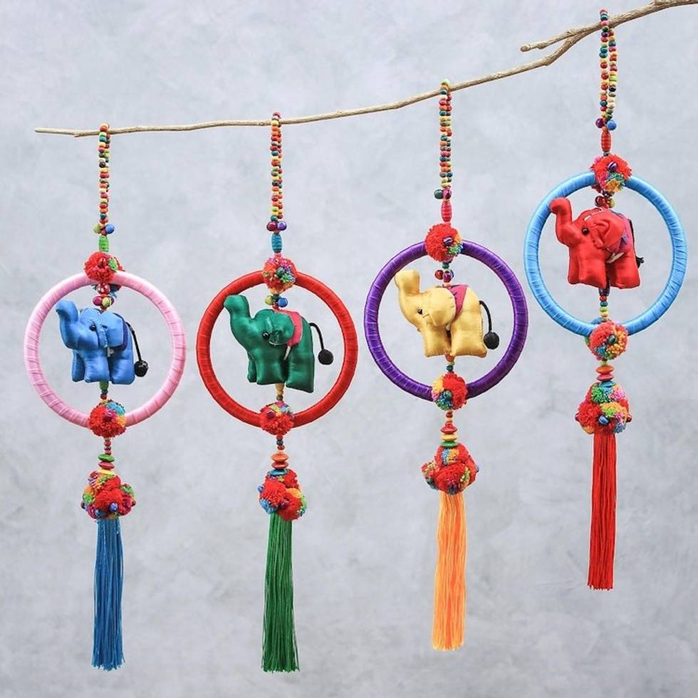 Colorful Cotton Blend Elephant Ornaments Set of 4 'Elephant Rainbow'