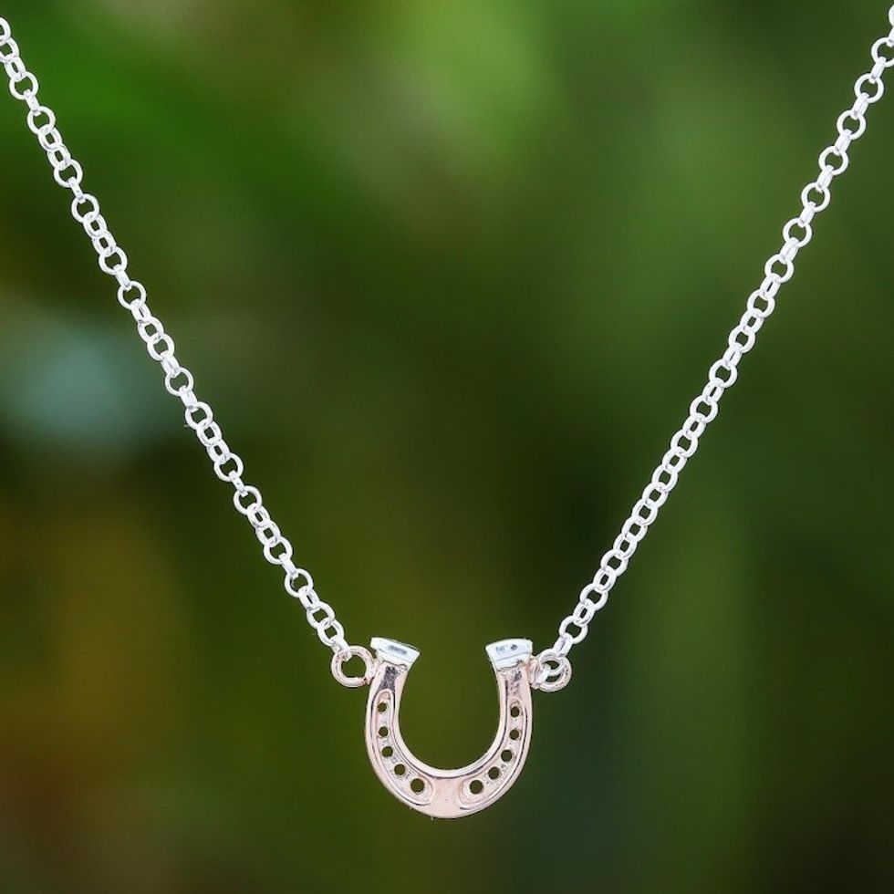 Rose Gold Accented Sterling Silver Horseshoe Necklace 'Lucky You'