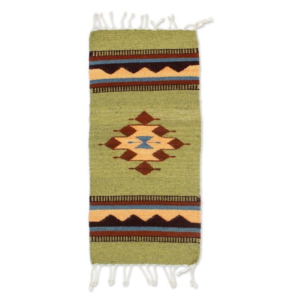 Mexican Handmade Folk Art-Themed Green 100 Wool Table Mat 'Green Heritage'