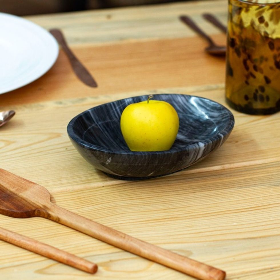 Minimalist Hand-Carved Oval Dark Grey Marble Snack Plate 'Earthy Magnificence'