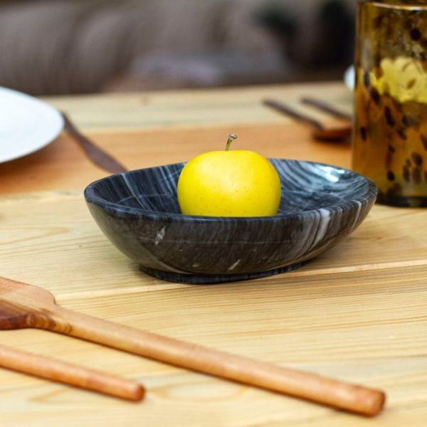 Alternate image for Minimalist Hand-Carved Oval Dark Grey Marble Snack Plate Earthy Magnificence