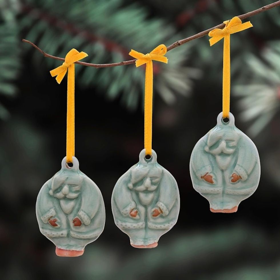 Celadon Ceramic Santa Ornaments from Thailand Set of 3 'Delightful Santas'