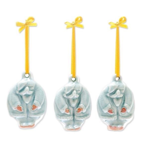 Alternate image for Celadon Ceramic Santa Ornaments from Thailand Set of 3 Delightful Santas