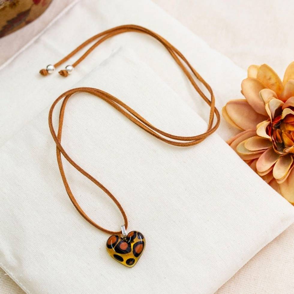 Heart-Shaped Animal Print-Themed Art Glass Pendant Necklace 'My Intriguing Love'