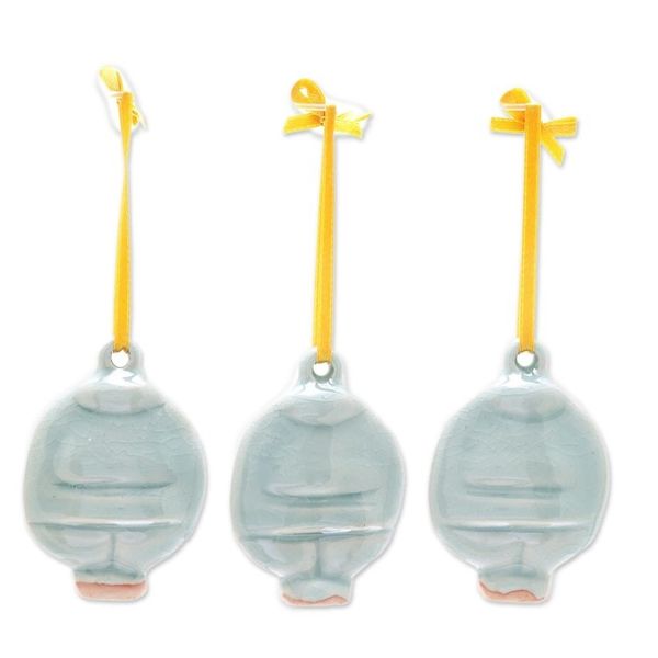 Alternate image for Celadon Ceramic Santa Ornaments from Thailand Set of 3 Delightful Santas