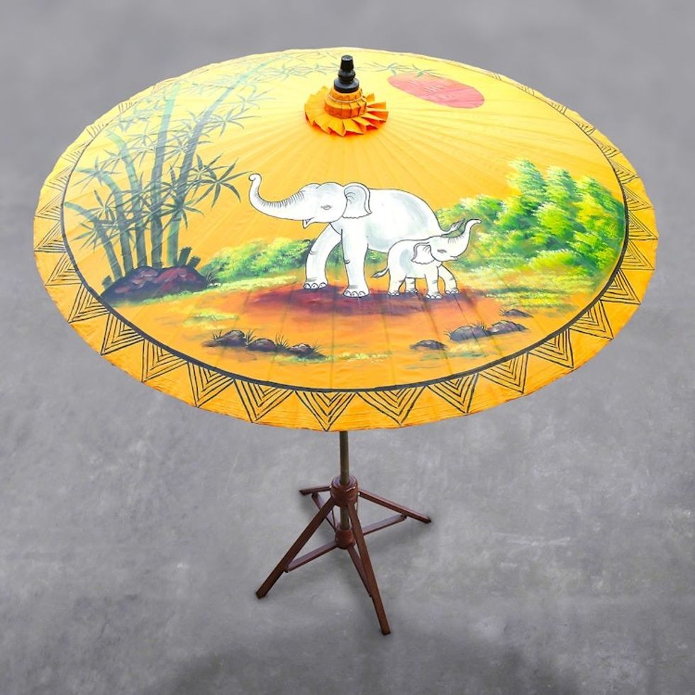 Elephant-Themed Cotton and Bamboo Parasol in Goldenrod 'Joyful Dance'