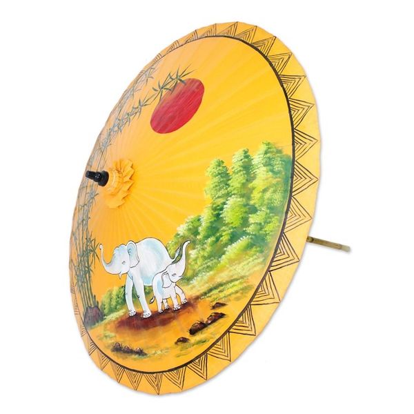 Alternate image for Elephant-Themed Cotton and Bamboo Parasol in Goldenrod Joyful Dance