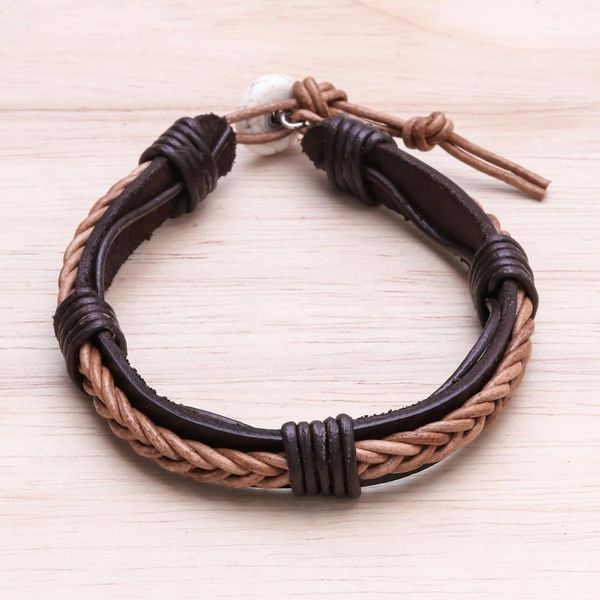 Alternate image for Leather Wristband Bracelet with Braided Accent in Dark Brown Perfect Style in Light Brown