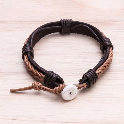 Alternate image for Leather Wristband Bracelet with Braided Accent in Dark Brown Perfect Style in Light Brown
