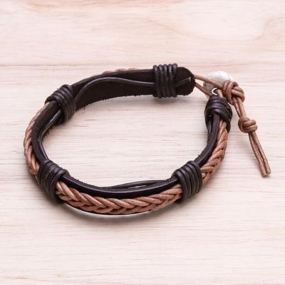 Alternate image for Leather Wristband Bracelet with Braided Accent in Dark Brown Perfect Style in Light Brown