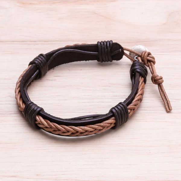 Alternate image for Leather Wristband Bracelet with Braided Accent in Dark Brown Perfect Style in Light Brown