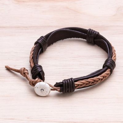 Alternate image for Leather Wristband Bracelet with Braided Accent in Dark Brown Perfect Style in Light Brown