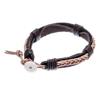 Alternate image for Leather Wristband Bracelet with Braided Accent in Dark Brown Perfect Style in Light Brown