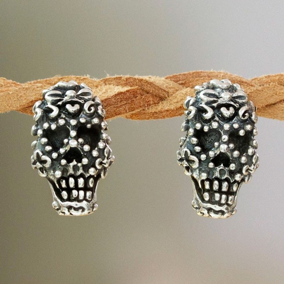 Romantic Day of the Dead Folk Art Skull Button Earrings 'Deadly In Love'