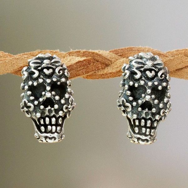 Alternate image for Romantic Day of the Dead Folk Art Skull Button Earrings Deadly In Love