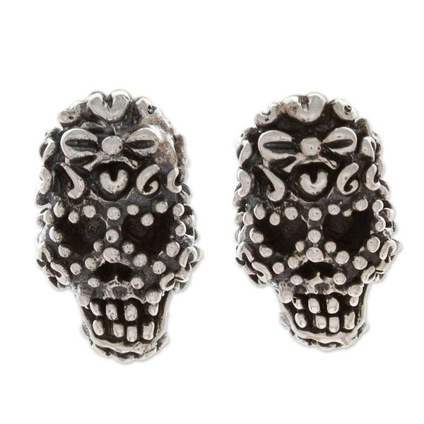 Alternate image for Romantic Day of the Dead Folk Art Skull Button Earrings Deadly In Love