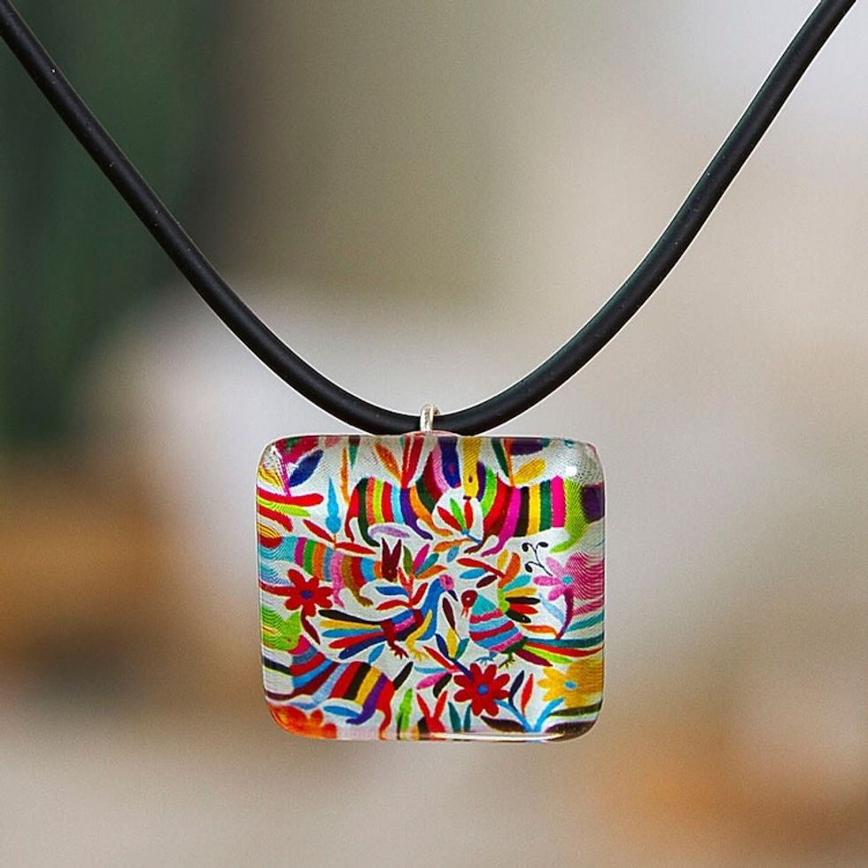 Decoupage on Glass Otomi Tenango Embroidery Pendant Necklace 'Otomi Embroidery'