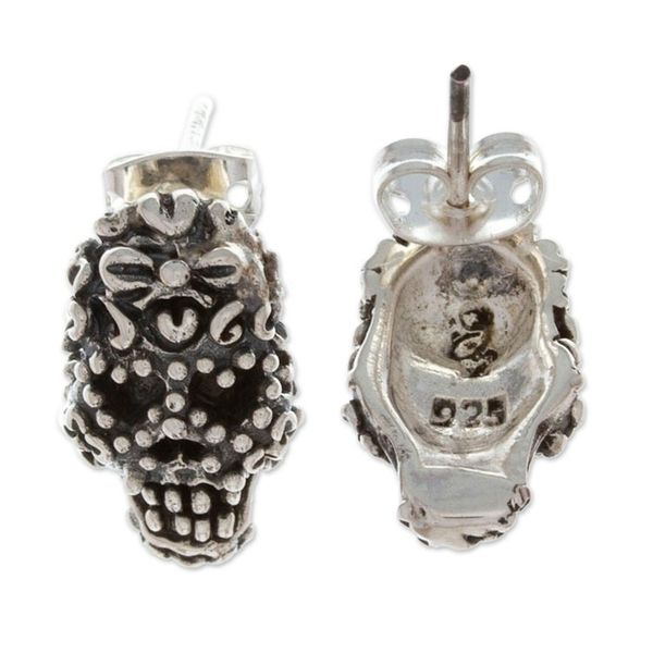 Alternate image for Romantic Day of the Dead Folk Art Skull Button Earrings Deadly In Love
