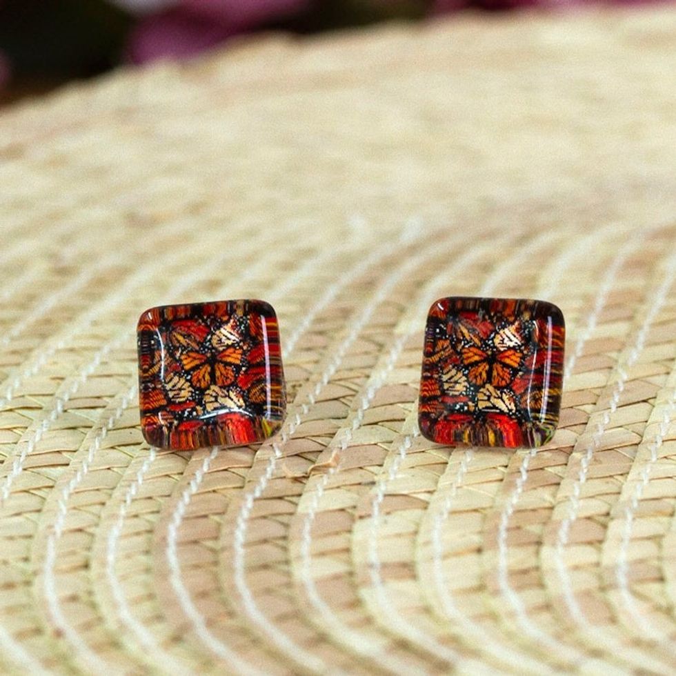 Monarch Butterfly-Themed Decoupage on Glass Stud Earrings 'Magical Monarch'