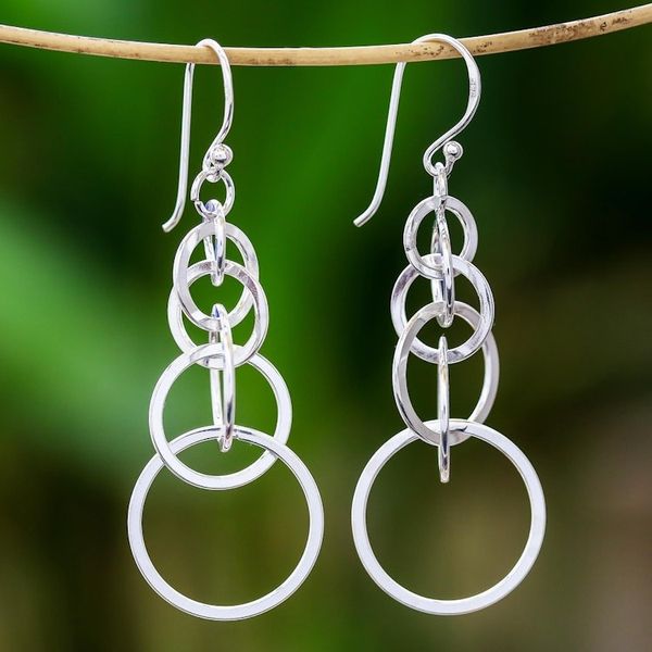 Alternate image for Circle Pattern Sterling Silver Dangle Earrings from Thailand Bubbly Rain