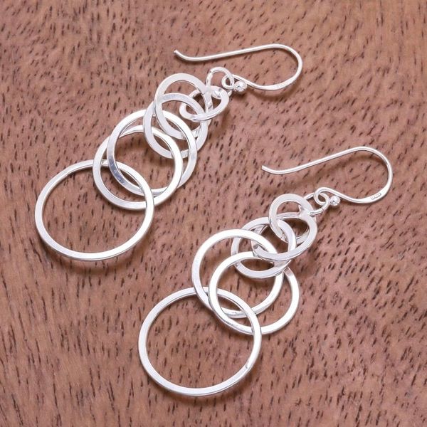 Alternate image for Circle Pattern Sterling Silver Dangle Earrings from Thailand Bubbly Rain