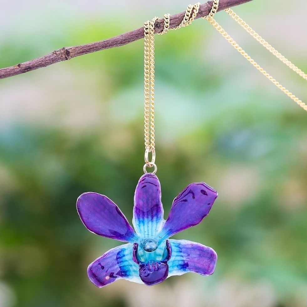 Gold Accented Blue-Purple Natural Orchid Pendant Necklace 'Starry Flower in Blue-Purple'