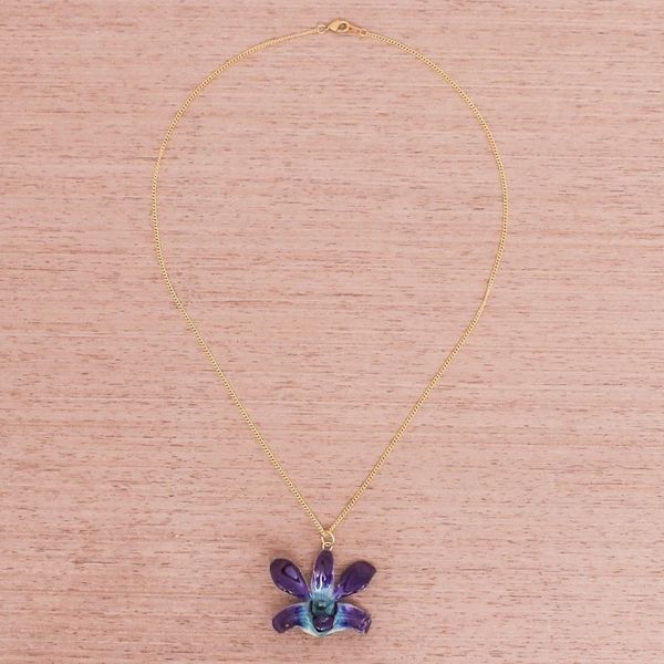 Alternate image for Gold Accented Blue-Purple Natural Orchid Pendant Necklace Starry Flower in Blue-Purple