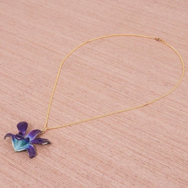 Alternate image for Gold Accented Blue-Purple Natural Orchid Pendant Necklace Starry Flower in Blue-Purple
