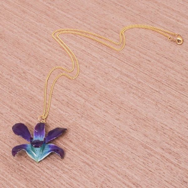 Alternate image for Gold Accented Blue-Purple Natural Orchid Pendant Necklace Starry Flower in Blue-Purple
