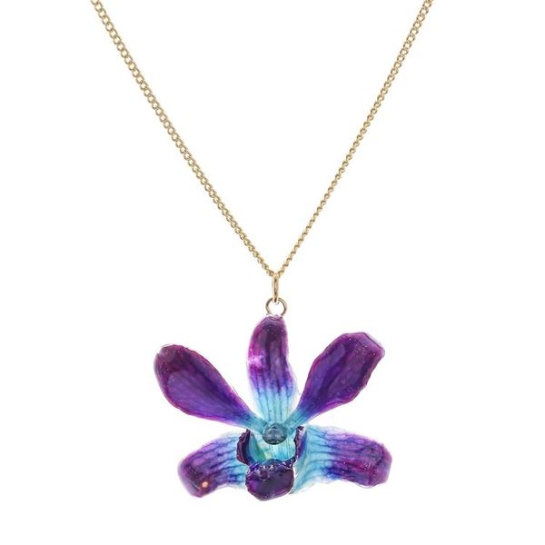 Alternate image for Gold Accented Blue-Purple Natural Orchid Pendant Necklace Starry Flower in Blue-Purple