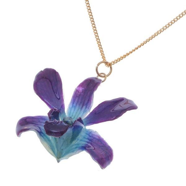 Alternate image for Gold Accented Blue-Purple Natural Orchid Pendant Necklace Starry Flower in Blue-Purple