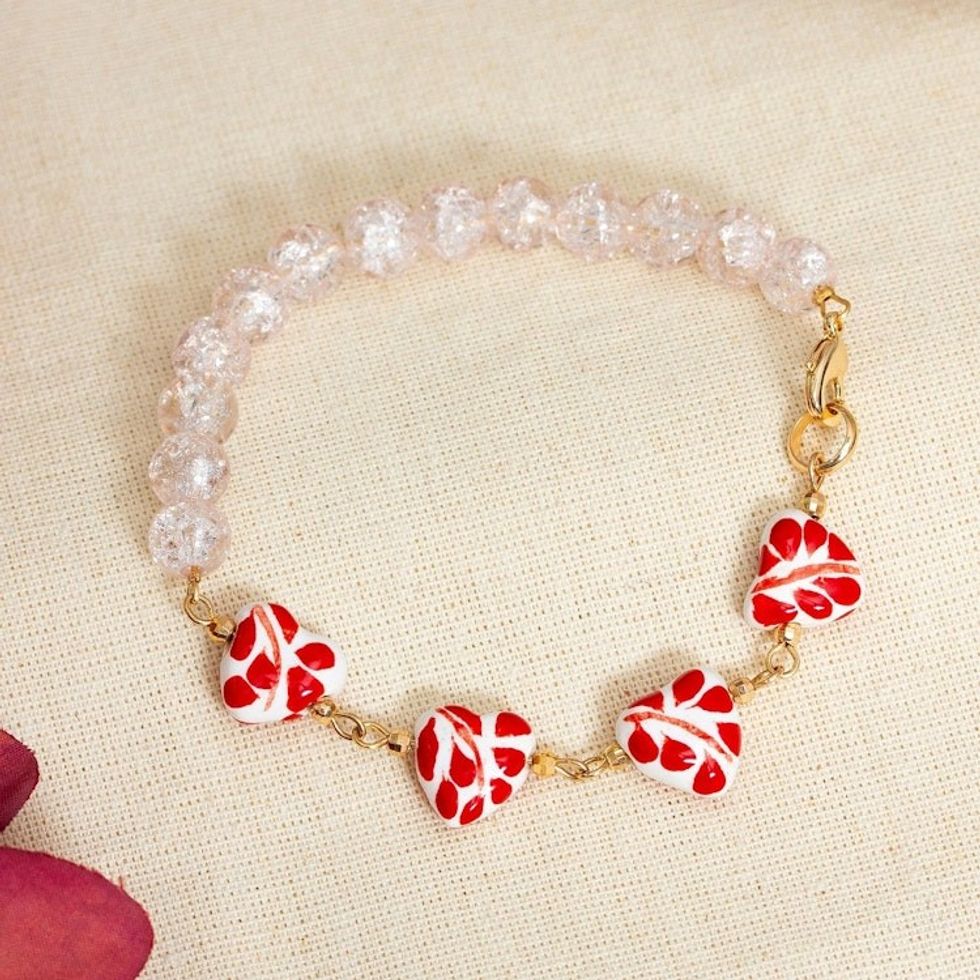 Heart-Themed Talavera Red Ceramic and Crystal Link Bracelet 'My Red Romance'