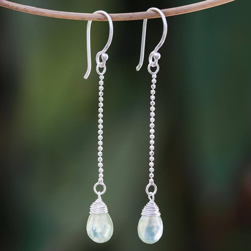 Faceted Prehnite Dangle Earrings from Thailand 'Gala Sparkle'