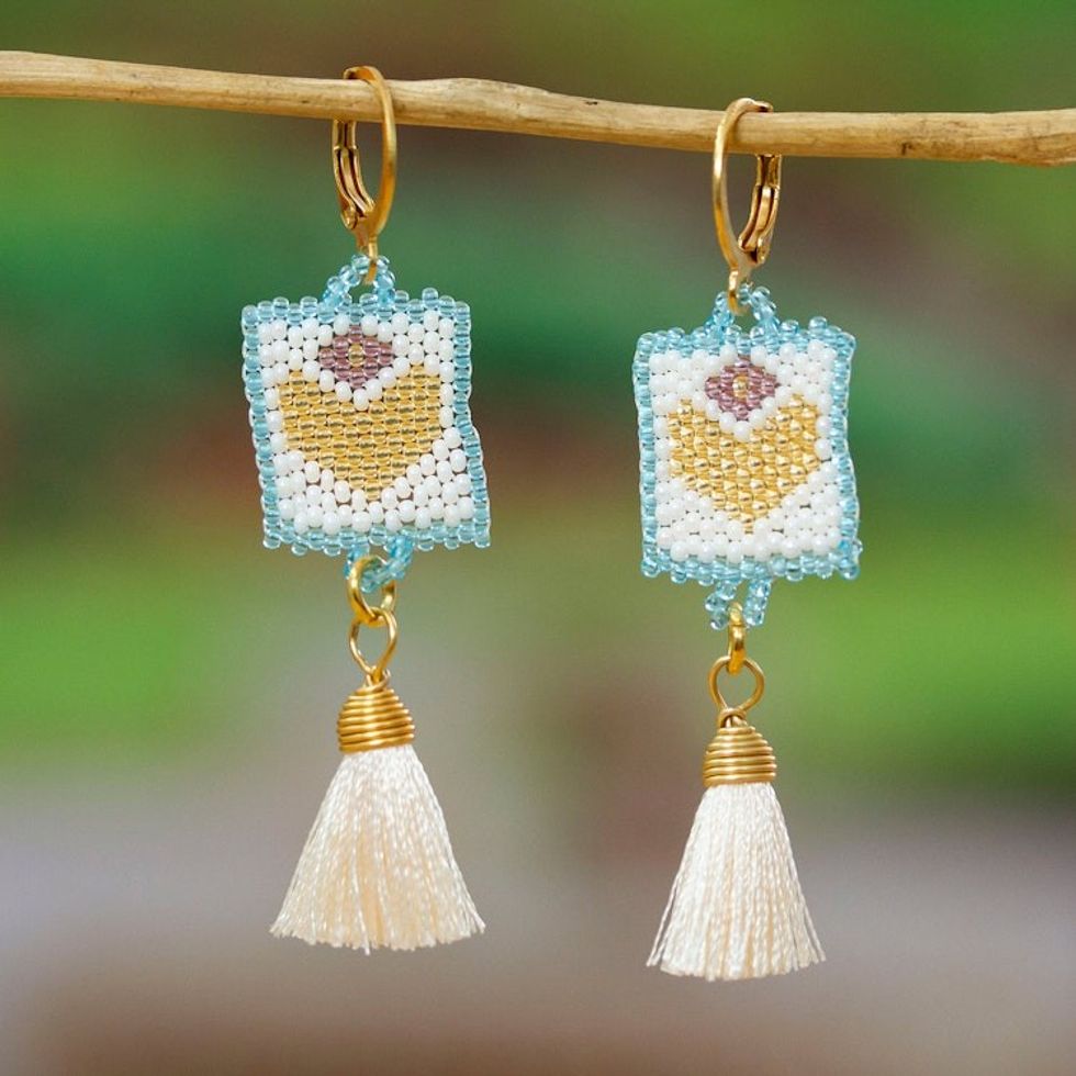 Gold-Accented Glass Bead Dangle Earrings with Ivory Tassels 'Celestial Hearts'