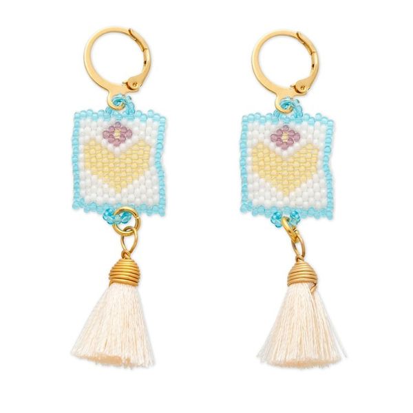 Alternate image for Gold-Accented Glass Bead Dangle Earrings with Ivory Tassels Celestial Hearts