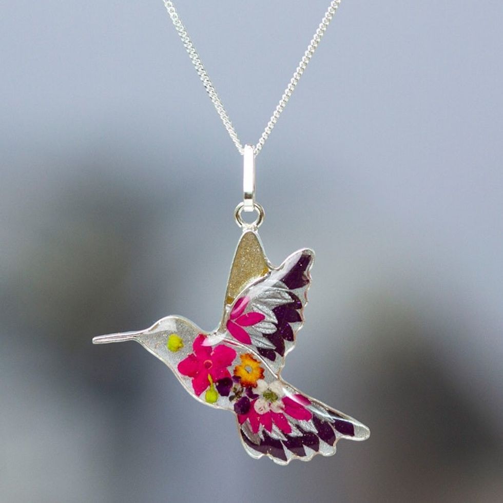 Natural Flower in Resin Silver Hummingbird Pendant Necklace 'Purple Hummingbird'
